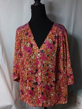 Fig and Flower Semi-Sheer Floral/Patterned Women's L Blouse Pink/Orange/Yellow